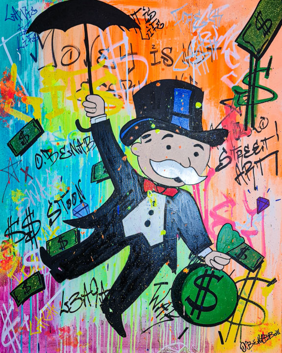 Peinture intitulée "umbrella moneybags" par Oussama Benabbou, Œuvre d'art originale, Bombe aérosol Monté sur Châssis