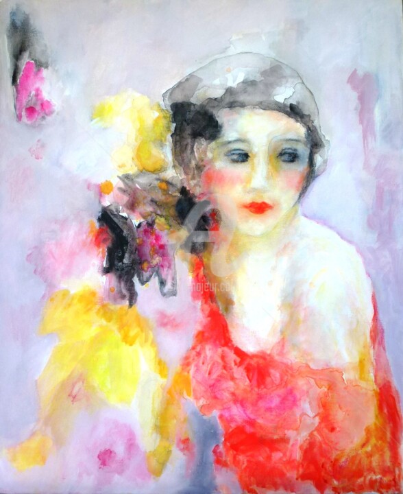 Pittura intitolato "Femme à la robe rou…" da Bénédicte Becquart, Opera d'arte originale, Olio