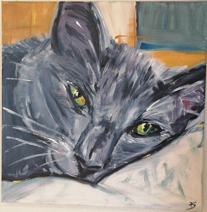 Painting titled "chat gris au lit" by Bénédicte Dillies, Original Artwork, Acrylic