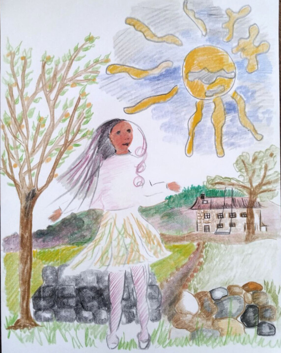 Dessin intitulée "Fille soleil stylée…" par Bénédicte Mathieu Labrot, Œuvre d'art originale, Crayon