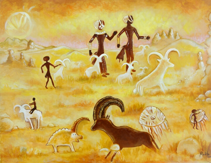 Pittura intitolato "Scène préhistorique…" da Redha Borderline Art, Opera d'arte originale, Acrilico