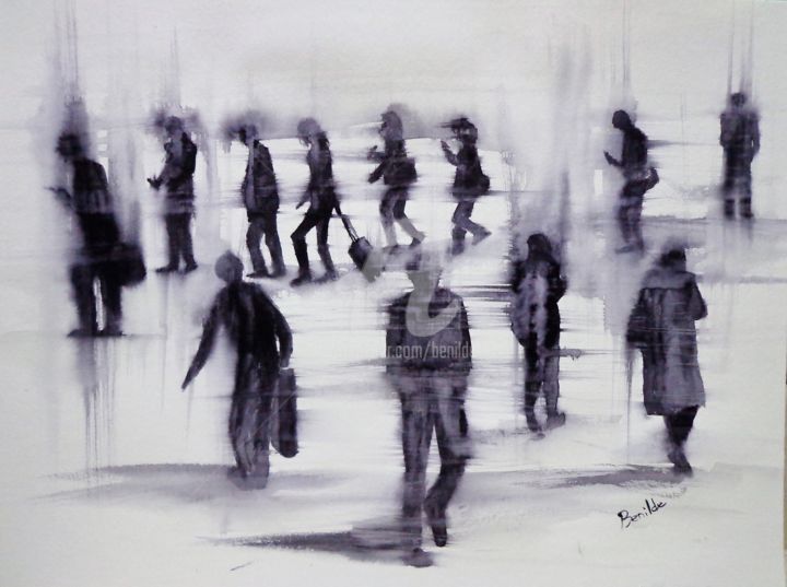 Schilderij getiteld "Las Prisas" door Benilde, Origineel Kunstwerk, Aquarel