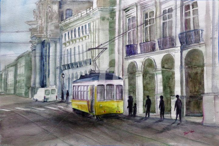 Painting titled "Un tranvia" by Benilde, Original Artwork, Watercolor