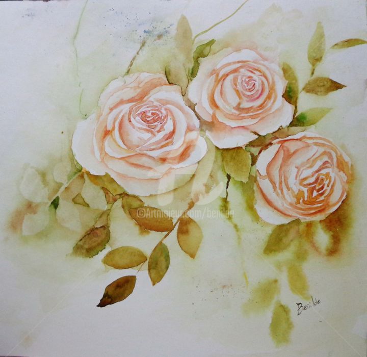 Painting titled "Rosas de otro tiempo" by Benilde, Original Artwork, Watercolor