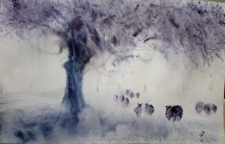 Painting titled "Niebla en el campo" by Benilde, Original Artwork, Watercolor