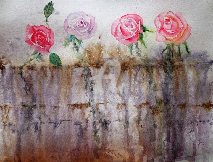 Schilderij getiteld "Rosas Raíces" door Benilde, Origineel Kunstwerk, Aquarel
