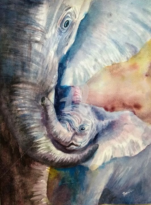 Painting titled "Elefantes" by Benilde, Original Artwork, Watercolor