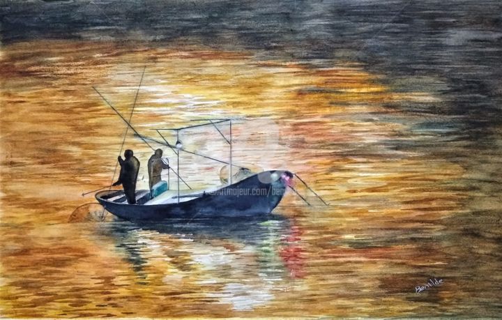 Painting titled "Pesca nocturna" by Benilde, Original Artwork, Watercolor