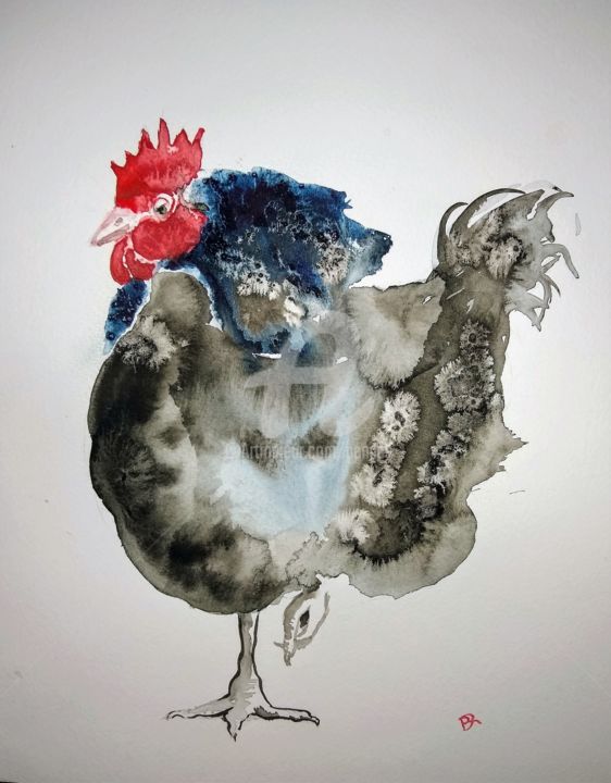 Pittura intitolato "Gallina en tinta ch…" da Benilde, Opera d'arte originale, Inchiostro