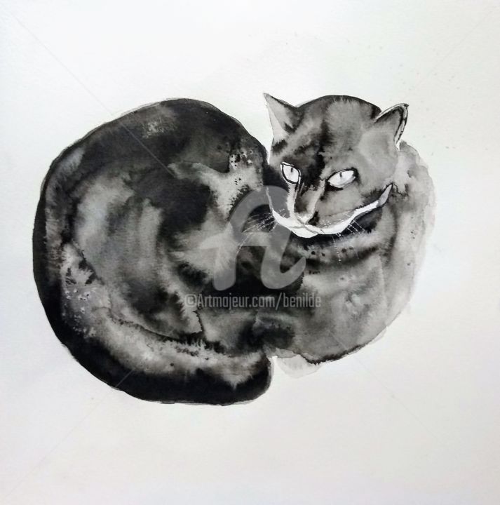 Dessin intitulée "Otro gato en tinta…" par Benilde, Œuvre d'art originale, Encre