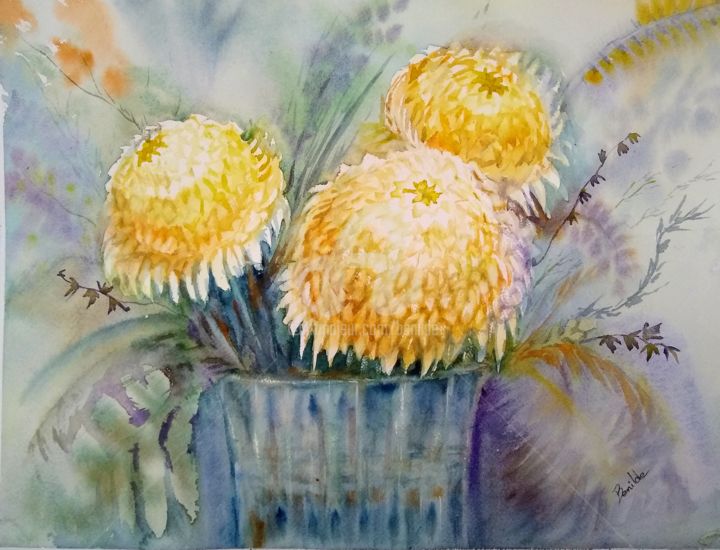 Painting titled "Crisantemos 2" by Benilde, Original Artwork, Watercolor