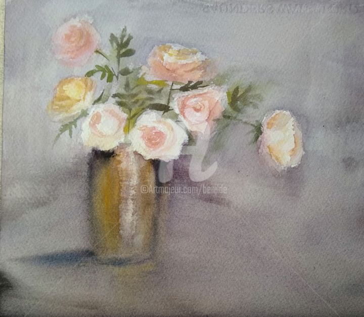 Schilderij getiteld "Rosas frescas" door Benilde, Origineel Kunstwerk, Aquarel