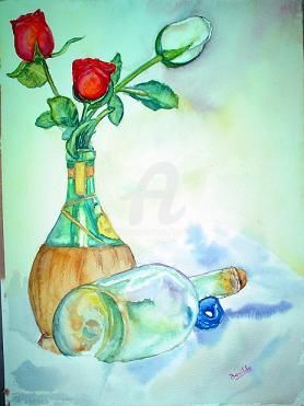 Painting titled "Botellas y Rosas" by Benilde, Original Artwork