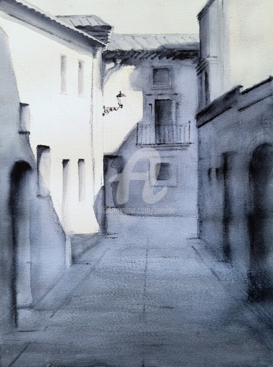 Schilderij getiteld "Calle monocromática" door Benilde, Origineel Kunstwerk, Aquarel