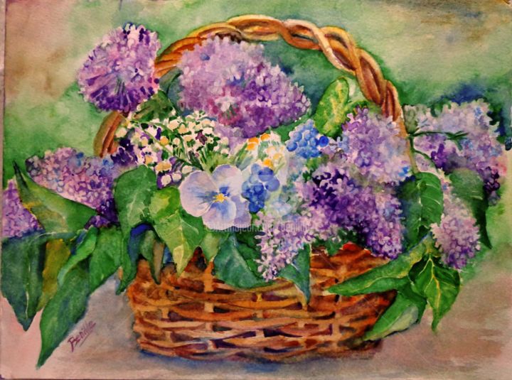 Pintura intitulada "La Canasta de Flores" por Benilde, Obras de arte originais, Aquarela