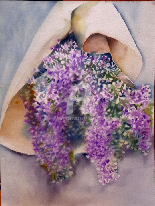 Painting titled "Ramo de Lilas" by Benilde, Original Artwork, Watercolor