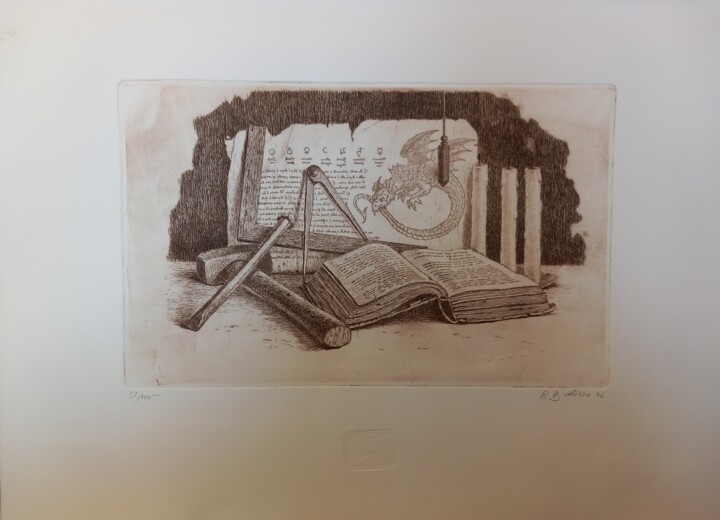 Impressões e gravuras intitulada "strumenti del liber…" por Benito Lizza, Obras de arte originais, Água forte