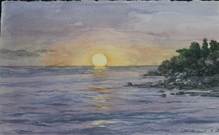 Painting titled "L'alba nella rivier…" by Benito Lizza, Original Artwork, Watercolor