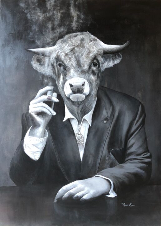 Schilderij getiteld "Le taureau" door Benja, Origineel Kunstwerk, Acryl Gemonteerd op Frame voor houten brancard