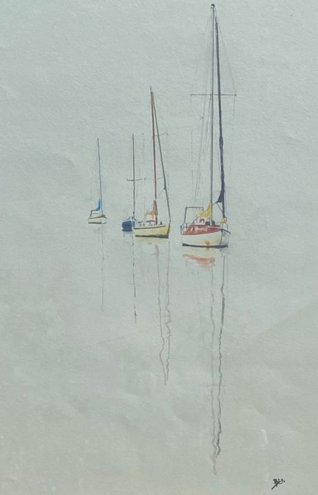 Drawing titled "Bateaux flottant su…" by Benjamin Bequet, Original Artwork, Pigments