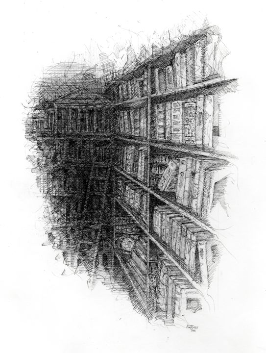 Dessin intitulée "inkshelves #2" par Ben J. Gross, Œuvre d'art originale, Encre