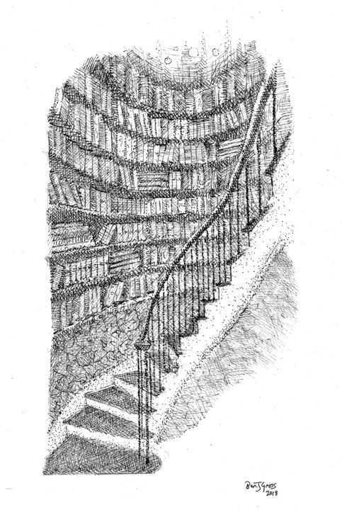 Dessin intitulée "inkshelves #8" par Ben J. Gross, Œuvre d'art originale, Encre