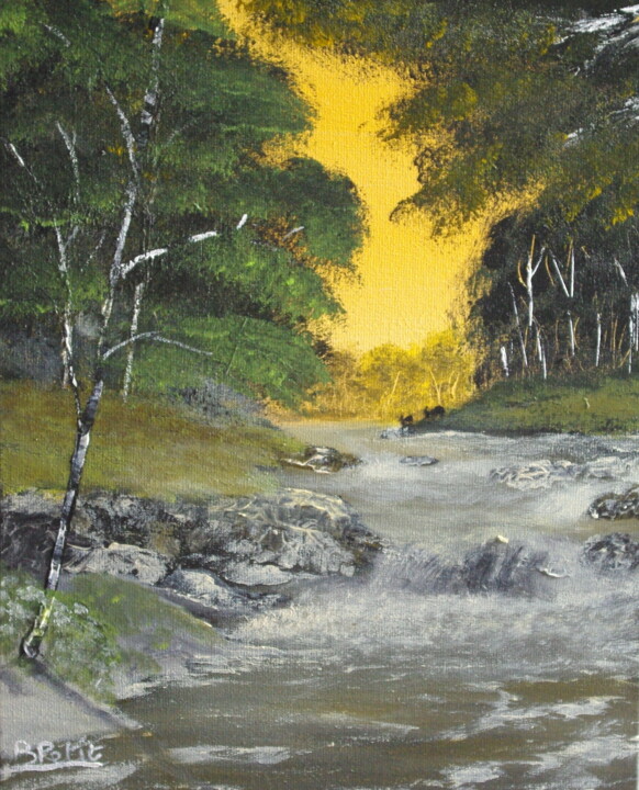 Malerei mit dem Titel "Soleil sur rivière" von Benjamin Petit, Original-Kunstwerk, Acryl