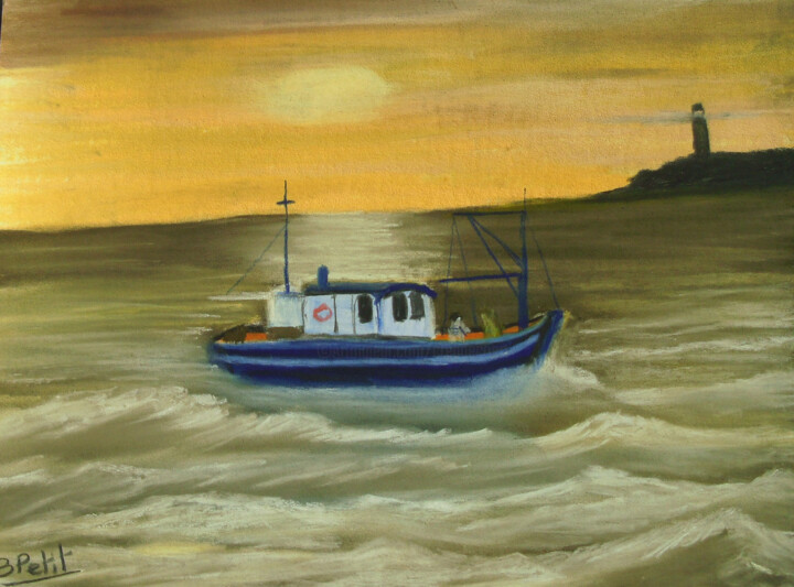Peinture intitulée "bateau-coucher-de-s…" par Benjamin Petit, Œuvre d'art originale, Pastel