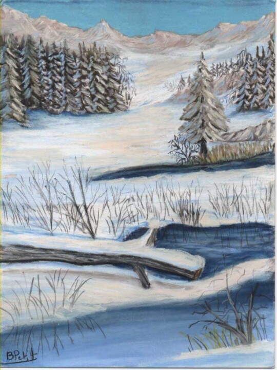 Painting titled "mare sous la neige" by Benjamin Petit, Original Artwork, Pastel