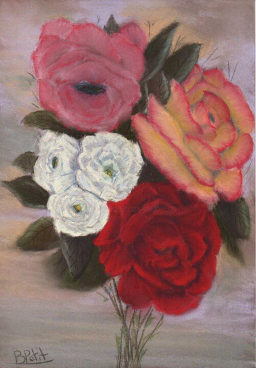 Ζωγραφική με τίτλο "roses" από Benjamin Petit, Αυθεντικά έργα τέχνης, Παστέλ
