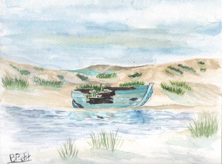 Pintura titulada "bateau-plage" por Benjamin Petit, Obra de arte original, Acuarela