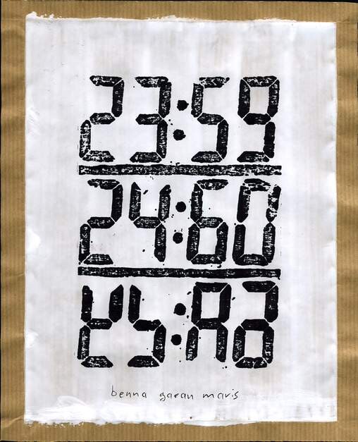 Druckgrafik mit dem Titel "timeoust 2" von Benna G. Maris, Original-Kunstwerk, Holzschnitt