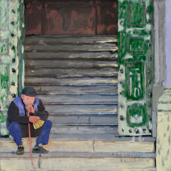 Digital Arts titled "Old man on church s…" by Benno Van Den Bos, Original Artwork, Digital Painting