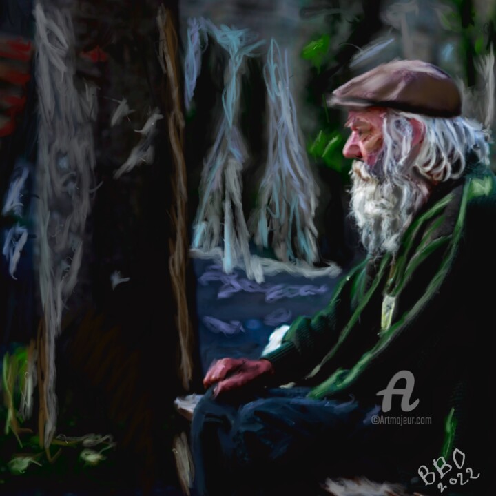 Digital Arts titled "Old man at a waterf…" by Benno Van Den Bos, Original Artwork, Digital Painting