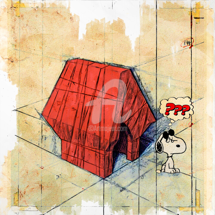 Digitale Kunst getiteld "Wrapped Snoopy House" door Benny Arte, Origineel Kunstwerk, Digitaal Schilderwerk Gemonteerd op Ple…