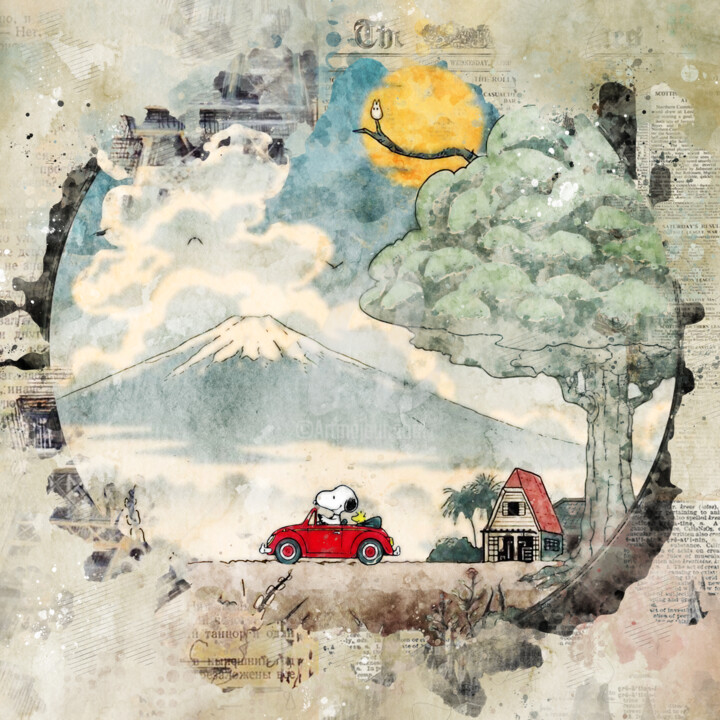 Картина под названием "Snoopy : Road trip," - Benny Arte, Подлинное произведение искусства, Акварель Установлен на Деревянна…