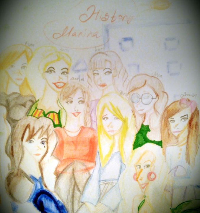 Drawing titled "Girls from "History…" by Benny Sam Wolf, Original Artwork, Conté