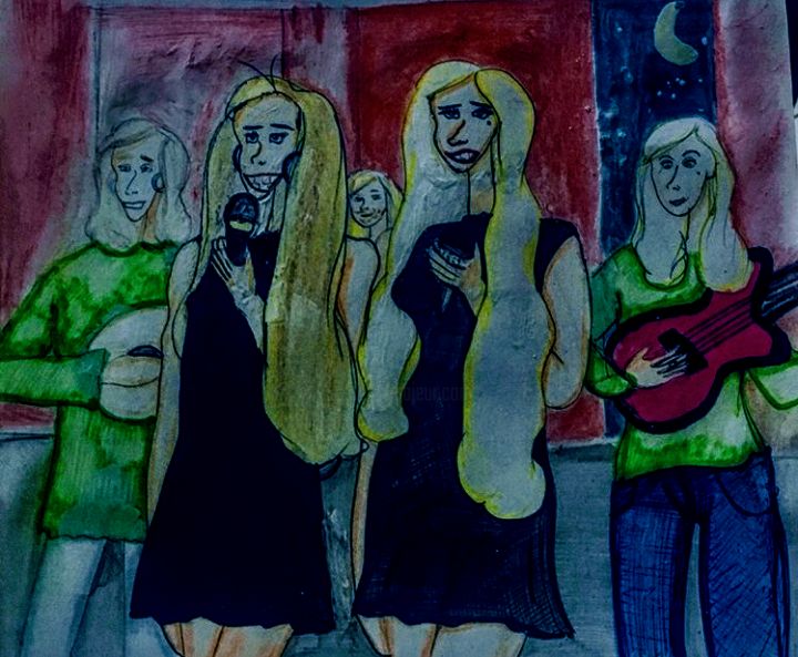 Tekening getiteld "Street concert Lond…" door Benny Sam Wolf, Origineel Kunstwerk, Conté