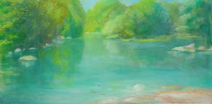 Painting titled "Turquoise river" by Benoit Lefèvre, Original Artwork, Oil