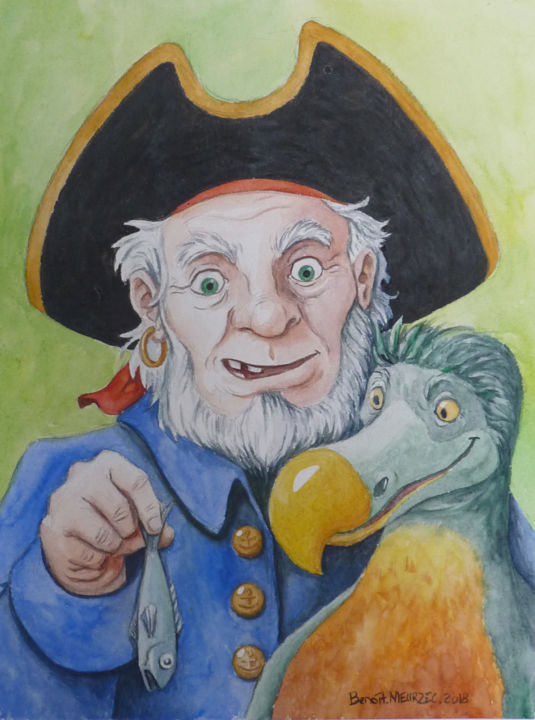 Painting titled "Pirate et dodo" by Benoit Meurzec, Original Artwork, Watercolor