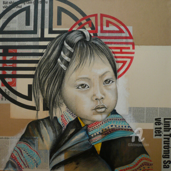 Dessin intitulée "La p'tite Hmong noi…" par Bérengère Labarthe (Lab-Art), Œuvre d'art originale, Fusain
