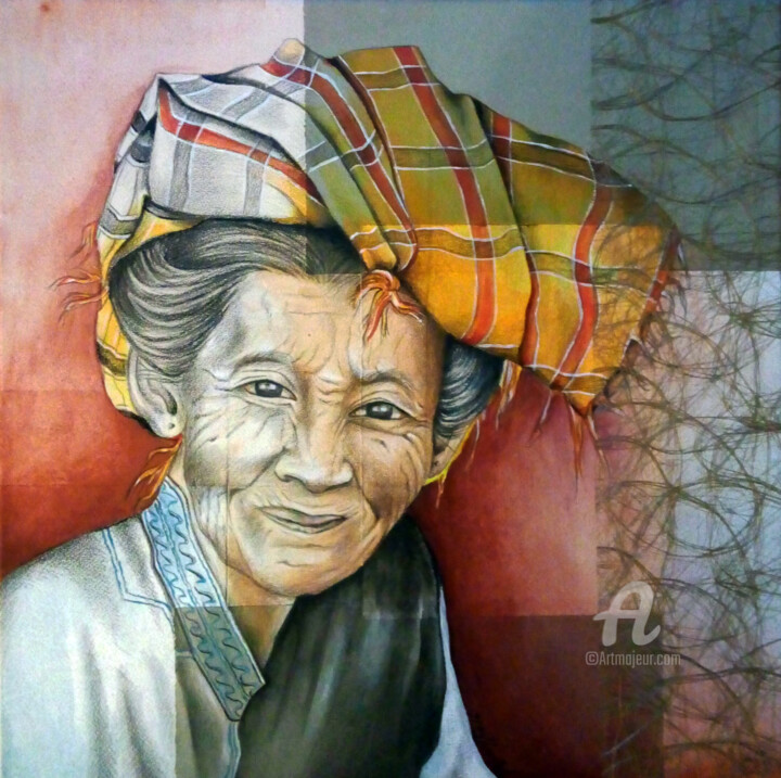 Painting titled "La vieille Birmane" by Bérengère Labarthe (Lab-Art), Original Artwork, Charcoal Mounted on Wood Stretcher f…