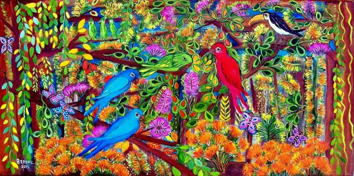 Peinture intitulée "O papagaio e as ara…" par Berenic Bere, Œuvre d'art originale, Acrylique