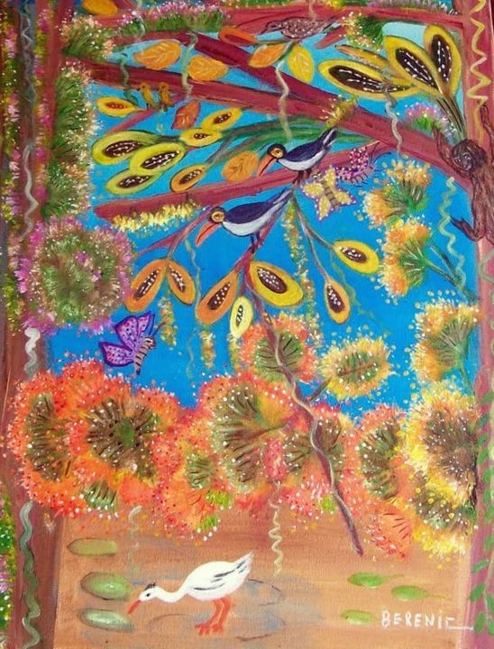 Pintura intitulada "O tucano e a borbol…" por Berenic Bere, Obras de arte originais, Óleo