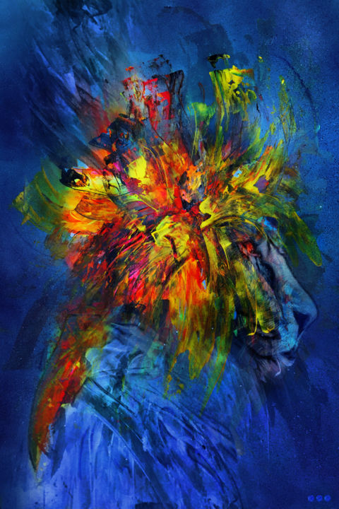 Collages intitulée "Rainbow lion •••" par Elweiiiss, Œuvre d'art originale, Acrylique