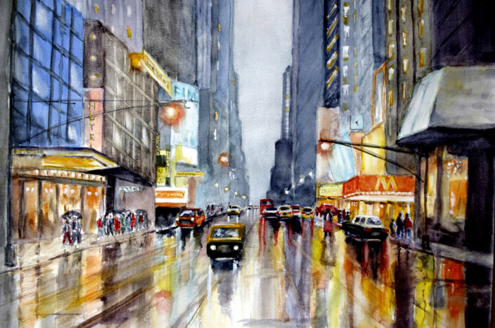 Painting titled "Rue de New York" by Berge Areslanian, Original Artwork, Watercolor