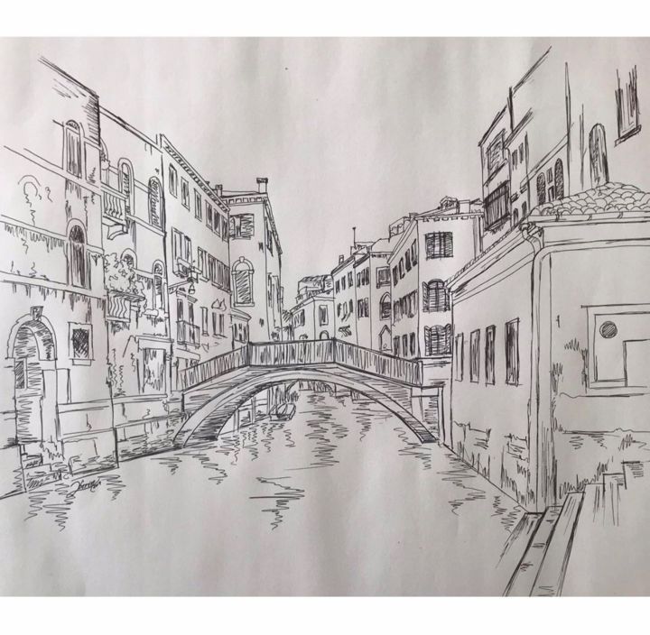 Painting titled "venezia stela" by Berin Dogu, Original Artwork, Ballpoint pen