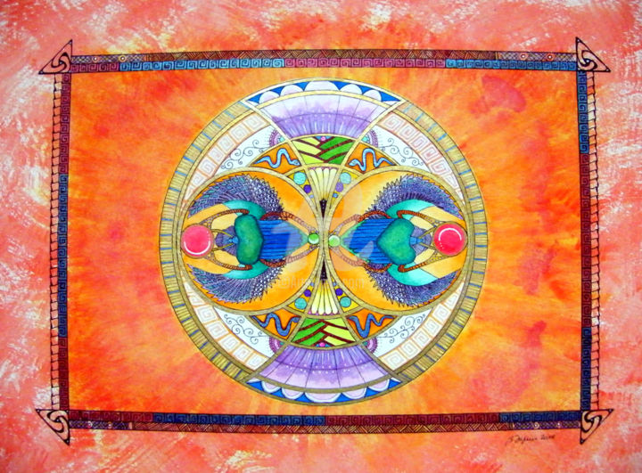 Malerei mit dem Titel "Mandala Scarabées" von Bernadette Dupuis, Original-Kunstwerk, Aquarell