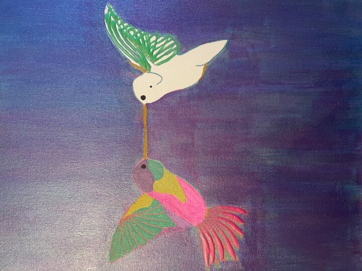 Painting titled "Hummingbirds" by Bernadette Stewart, Original Artwork, Acrylic