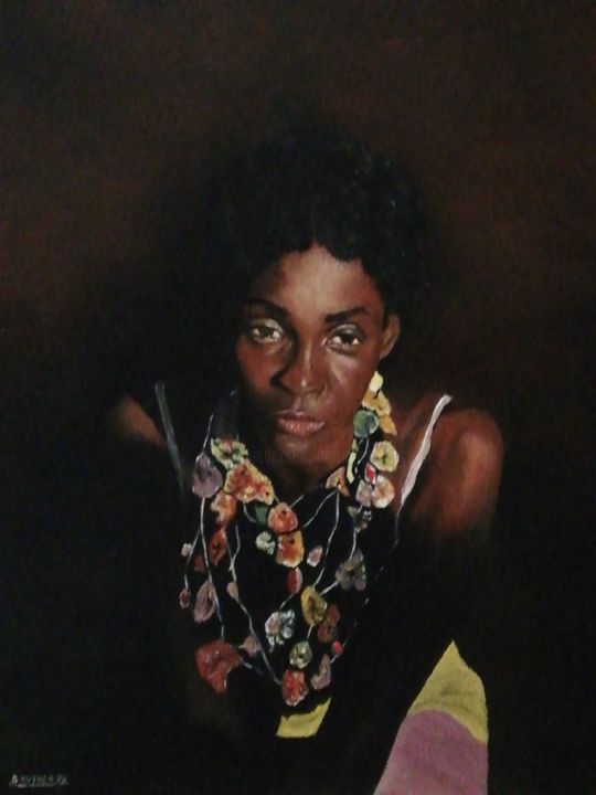 Peinture intitulée "Femme noire au coll…" par Bernadette Huynen, Œuvre d'art originale, Huile